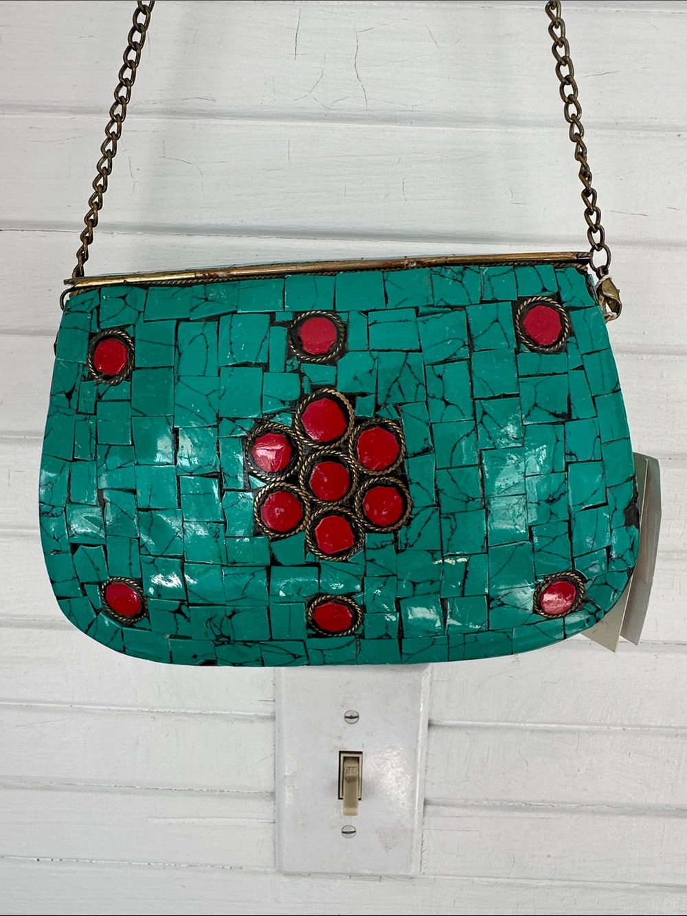Turquoise Mosaic Metal Shoulder Bag with Red & Gold Accents - Picture 4 of 5